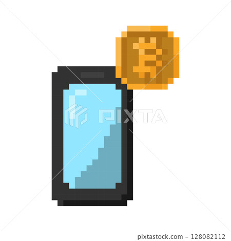 Mobile phone, smartphone with crypto currency coin. Vector icon in 8 bit style 128082112