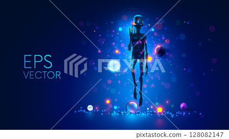 Alien shows on virtual star chart his planet in galaxy. Head of an alien with big eyes. Hands with long fingers. Silhouette of an alien hovered in air surrounded by planets. Sci-fi illustration alien. Alien shows on virtual star chart his planet in galaxy. Head of an alien with big eyes. Hands with long fingers. Silhouette of an alien hovered in air surrounded by planets. Sci-fi illustration alien. 128082147
