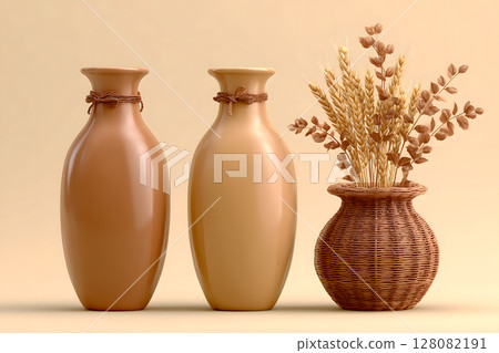 Elegant ceramic vases in warm tones with woven basket holding dried flowers create serene and minimalistic decor 128082191