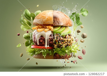 Photorealistic split hamburger showcasing vibrant ingredients, including fresh vegetables, creamy sauce, and crispy fries, evokes sense Photorealistic split hamburger showcasing vibrant ingredients, including fresh vegetables, creamy sauce, and crispy fries, evokes sense 128082217