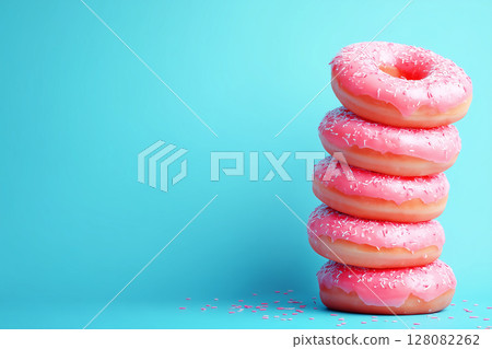 Delicious stack of pink frosted donuts with sprinkles against vibrant blue background, evoking sense of joy and sweetness 128082262