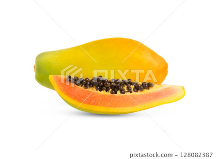 Ripe orange papaya fruit and a slice with seeds isolated. Ripe orange papaya fruit and a slice with seeds isolated. 128082387