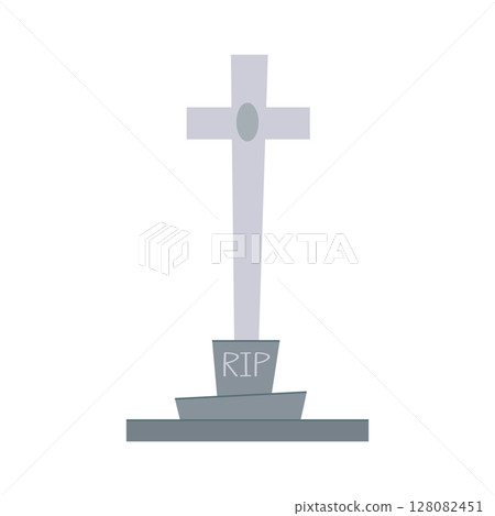 A simple illustration of a grey cross shaped tombstone. Halloween themed element with spooky and fun atmosphere. A simple illustration of a grey cross shaped tombstone. Halloween themed element with spooky and fun atmosphere. 128082451