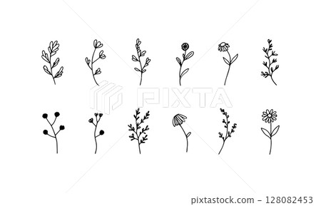 Ink Botanical Mix. A refined mix of floral line elements with blooming flowers and natural foliage in a soft ink style. Ink Botanical Mix. A refined mix of floral line elements with blooming flowers and natural foliage in a soft ink style. 128082453