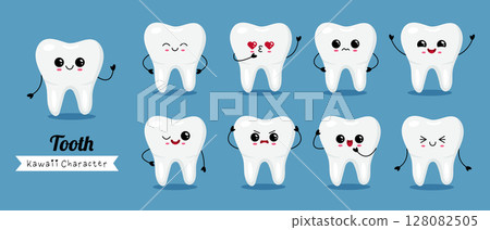 Set of kawaii cartoon teeth with funny expressions Set of kawaii cartoon teeth with funny expressions 128082505