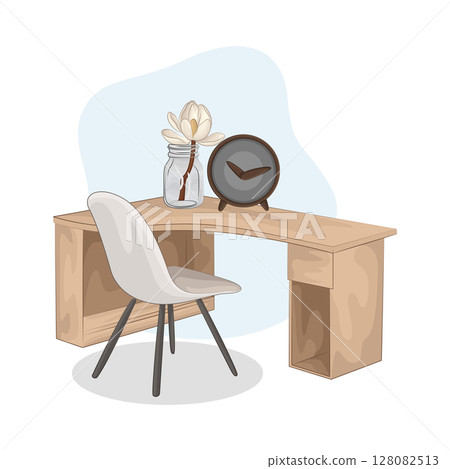 Illustration of Wooden desk with chair 128082513