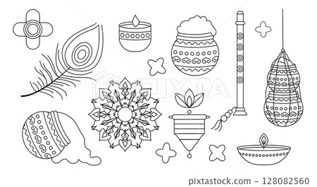 Krishna Janmashtami icon set in linear style Krishna Janmashtami icon set in linear style 128082560