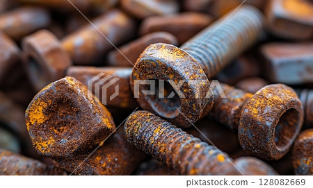 Detailed View of Corroded Screws and Nuts with Orange Rust 128082669