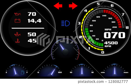 Car dashboard modern automobile control illuminated panel speed display vector illustration. Car dashboard modern automobile control illuminated panel speed display vector illustration. 128082777