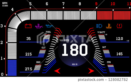 Car dashboard modern automobile control illuminated panel speed display vector illustration. 128082782