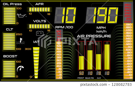 Car dashboard modern automobile control illuminated panel speed display vector illustration. Car dashboard modern automobile control illuminated panel speed display vector illustration. 128082783