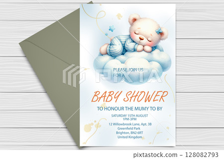 Personalized Baby Shower Invitations Teddy Bear Sleeping On Cloud. 128082793