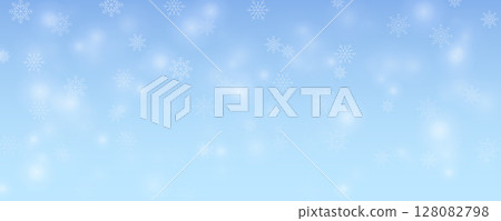 Winter landscape background with blue color and falling snowflakes. Snow illustration for New Year decoration. 128082798