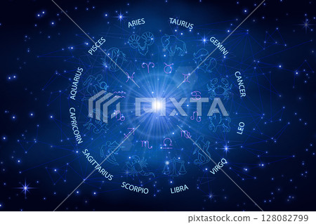 Zodiac signs for horoscope, illustration on the background of the starry sky. Zodiac signs for horoscope, illustration on the background of the starry sky. 128082799