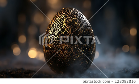 Intricate golden filigree egg with bokeh light backdrop Intricate golden filigree egg with bokeh light backdrop 128082816