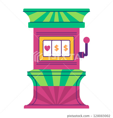 slot machine one-armed bandit featuring three spinning reels displaying dollar signs and heart symbols, a coin slot and a pull lever 128083002