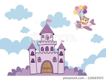 purple castle illustration and A cute kitten above is flying on a plane purple castle illustration and A cute kitten above is flying on a plane 128083055