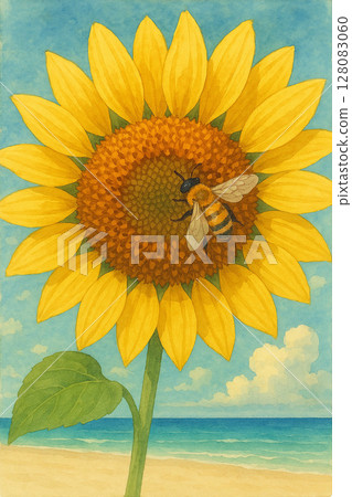 A bee collecting nectar on a sunflower 128083060