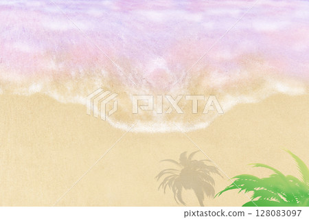 Background illustration of the sea, sandy beach and palm trees 128083097