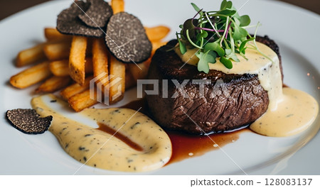 在高級餐廳享用精緻的菲力牛排 在高級餐廳享用精緻的菲力牛排 128083137