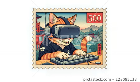 郵票設計以一隻戴著 VR 耳機操作電腦的貓為主題 郵票設計以一隻戴著 VR 耳機操作電腦的貓為主題 128083138