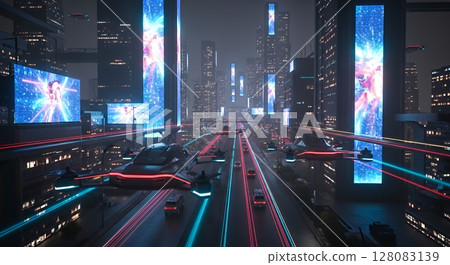 City of the Future: Self-driving cars flying in the night sky and giant digital signage City of the Future: Self-driving cars flying in the night sky and giant digital signage 128083139