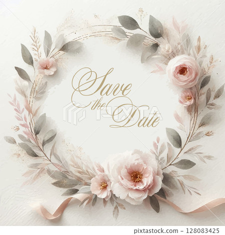 Elegant Watercolor Wedding Invitation Template with Floral Wreath and Gold Accents. Dreamy Floral Save the Date. Elegant Watercolor Wedding Invitation Template with Floral Wreath and Gold Accents. Dreamy Floral Save the Date. 128083425