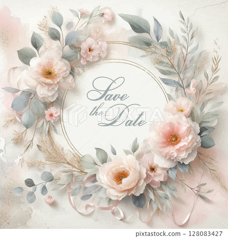 Elegant Watercolor Wedding Invitation Template with Floral Wreath and Gold Accents. Dreamy Floral Save the Date. 128083427