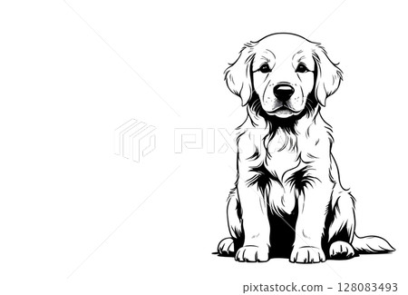 Monochrome illustration of a sitting dog on a white background 128083493