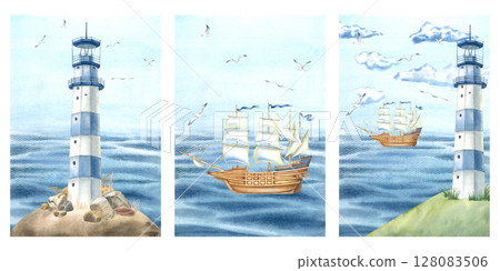 Postcards with lighthouse, sailing ship , clouds, birds. Hand drawn watercolor illustration of seascapes. Nautical themed ideal for maritime, travel or adventure designs. Sea life aesthetic. Postcards with lighthouse, sailing ship , clouds, birds. Hand drawn watercolor illustration of seascapes. Nautical themed ideal for maritime, travel or adventure designs. Sea life aesthetic. 128083506