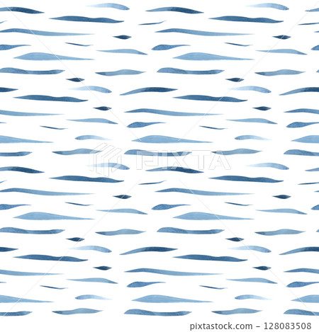 Seamless pattern with blue waves, lines, stripes, stylized water. Hand drawn watercolor illustration of sea geometric print on white background. Chaotic drawing for textile, fabric, packaging, clothes Seamless pattern with blue waves, lines, stripes, stylized water. Hand drawn watercolor illustration of sea geometric print on white background. Chaotic drawing for textile, fabric, packaging, clothes 128083508