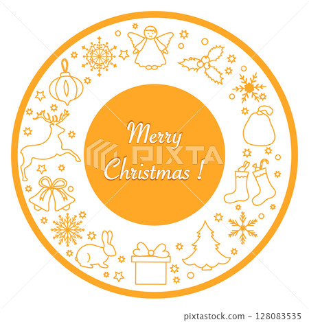 Christmas greeting card with holiday icons in orange circular design, includes text space 128083535