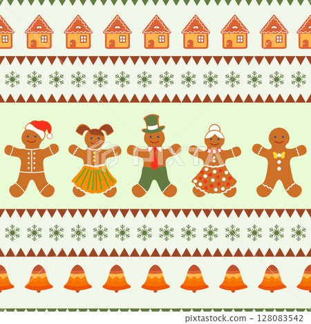 Christmas gingerbread cookies on seamless festive background with bells and snowflakes 128083542