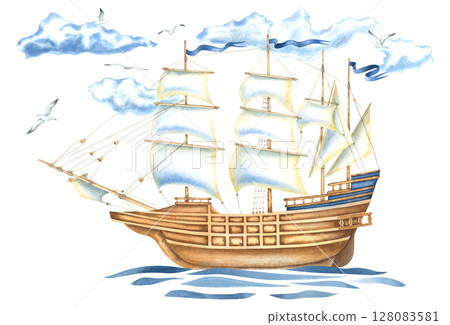 A wooden sailing ship floats on the sea waves, against a gloomy sky, seagulls fly around. Hand drawn watercolor illustration of an ancient frigate on isolated background. Marine style drawing. A wooden sailing ship floats on the sea waves, against a gloomy sky, seagulls fly around. Hand drawn watercolor illustration of an ancient frigate on isolated background. Marine style drawing. 128083581