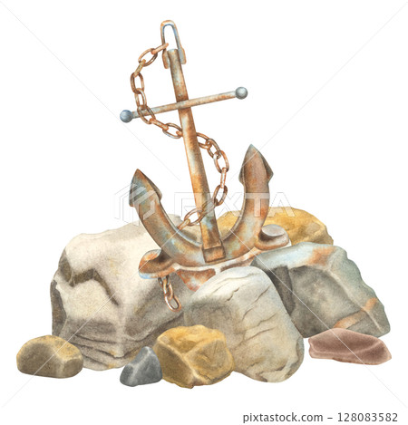 Aged rusty anchor with a large chain wrapped around it stands among rocks. Hand drawn watercolor illustration of textured metal anker with brown blue hues on isolated background. For maritime designs. Aged rusty anchor with a large chain wrapped around it stands among rocks. Hand drawn watercolor illustration of textured metal anker with brown blue hues on isolated background. For maritime designs. 128083582