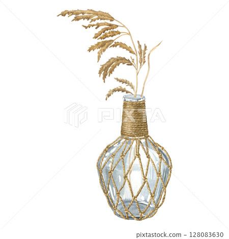 Dry natural reed plant in glass bottle wrapped with rope netting. Hand drawn watercolor illustration of pampas grass and flask on isolated background. Use for cards and invitations in boho style. 128083630