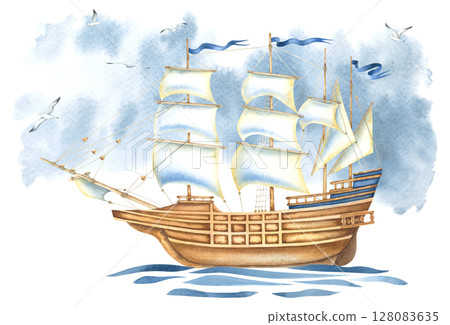 A wooden sailing ship floats on the sea waves, against a gloomy sky, seagulls fly around. Hand drawn watercolor illustration of an ancient frigate on isolated background. Marine style drawing. A wooden sailing ship floats on the sea waves, against a gloomy sky, seagulls fly around. Hand drawn watercolor illustration of an ancient frigate on isolated background. Marine style drawing. 128083635