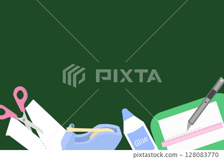 Back to School Essentials Flat Lay on a Green Background 128083770