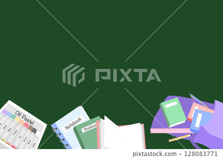 Back to School Essentials Flat Lay on a Green Background Back to School Essentials Flat Lay on a Green Background 128083771