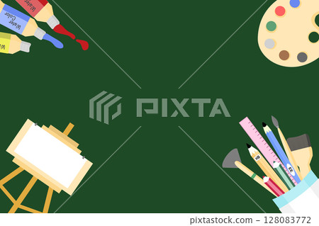 Back to School Essentials Flat Lay on a Green Background 128083772