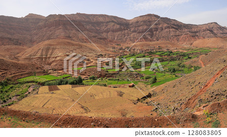 Morocco, Atlas Mountains Route, scenery on the road from Marrakech to Ouarzazate 128083805