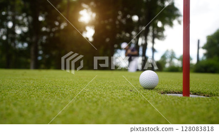 Golfer putting ball on the green golf, lens flare on sun set evening time. 128083818