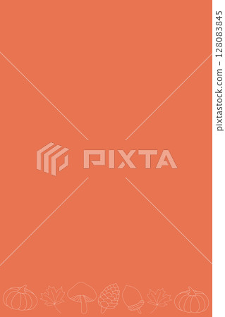 Vertical autumn-toned orange background decorated with sketch lines of pumpkins, pinecones, acorns, and maple leaves Vertical autumn-toned orange background decorated with sketch lines of pumpkins, pinecones, acorns, and maple leaves 128083845