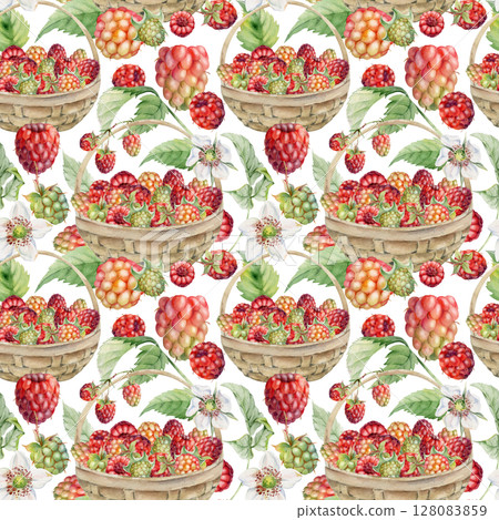Raspberry with leaves in weaved basket. Scattered ripe picked forest garden berry harvest, hand drawn in watercolor. Isolated seamless pattern. Home preserves, textile linens, food store, packaging Raspberry with leaves in weaved basket. Scattered ripe picked forest garden berry harvest, hand drawn in watercolor. Isolated seamless pattern. Home preserves, textile linens, food store, packaging 128083859