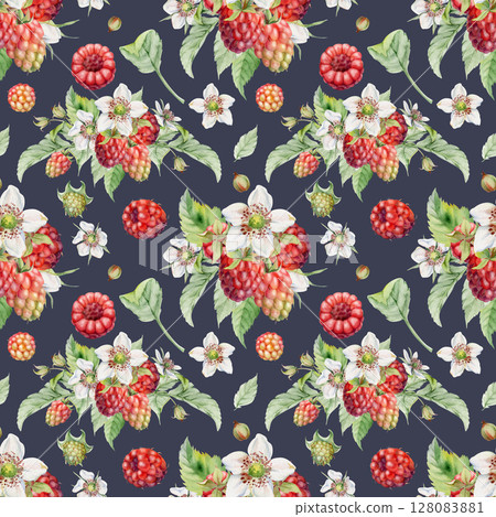 Raspberry dewberry flower buds, leaves, ripe forest garden berries bunch group, hand drawn in watercolor. Seamless pattern isolated on dark. Dessert cafe menu, farmers market grocery, wrapping paper 128083881