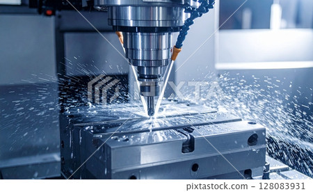 CNC milling machine processing on steel with cooling CNC milling machine processing on steel with cooling 128083931