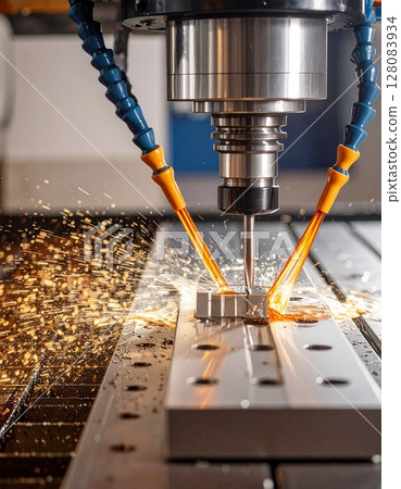 CNC milling machine processing on steel with cooling CNC milling machine processing on steel with cooling 128083934