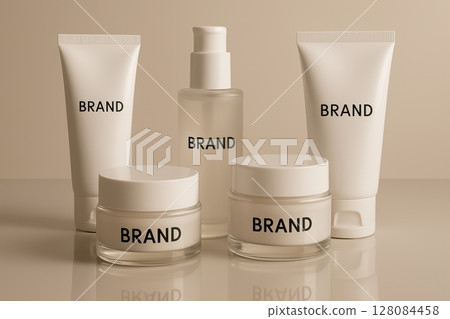 Set of skincare product mockups with brand label on beige background. Cosmetic packaging for beauty branding and presentation 128084458