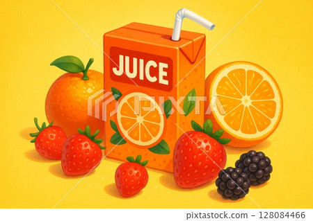 Cartoon orange juice box with strawberries, blackberries, and citrus fruits on yellow background 128084466