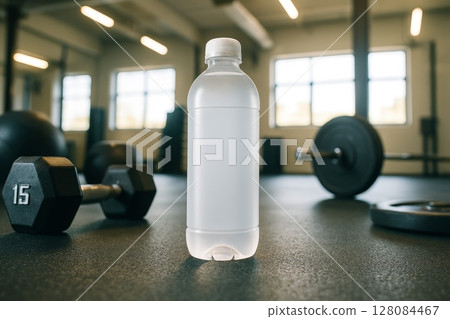 Plastic water bottle in gym with dumbbells and barbell in background, fitness and exercise concept 128084467
